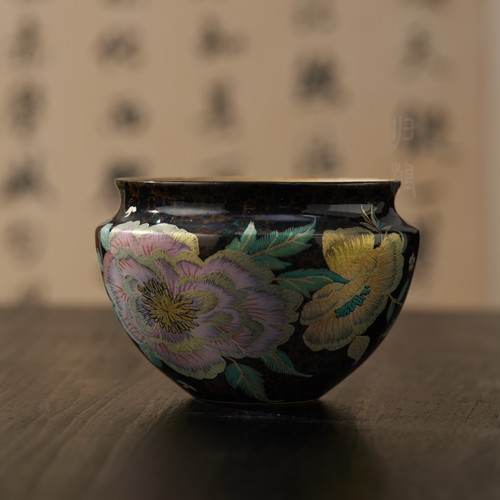 归鸿缂丝工艺茶桌水洗建水洞上造物牡丹花口高端新中式茶洗茶渣缸