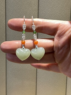 原创 天然和田玉爱心形原矿保山南红碧玉耳坠饰925纯银新中式复古