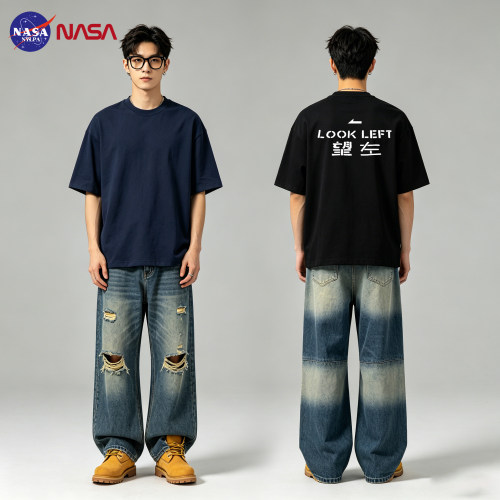 NASA联名望左望右印花短袖男女情侣款夏季美式复古T恤休闲半袖