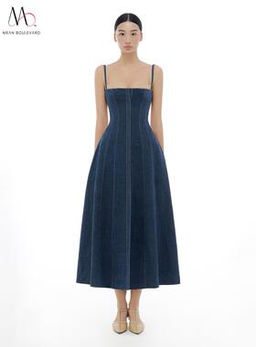 MONTSAND越南品牌La Pureza系列牛仔蓝色紧身胸衣中长连衣裙定制