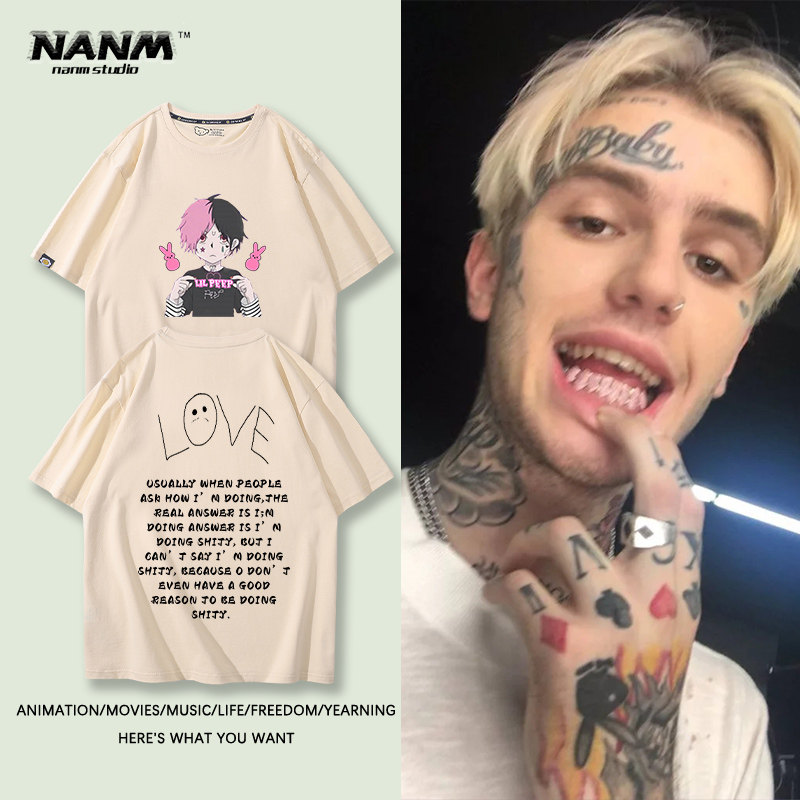 欧美风嘻哈歌手lil peep短袖t恤男纯棉复古怀旧宽松ins超火半袖潮