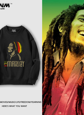 Bob Marley雷鬼圆领卫衣男女生秋冬美式复古小众街头滑板宽松外套