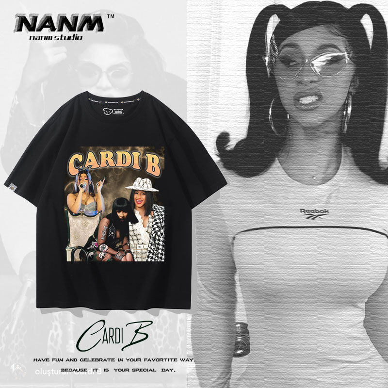 欧美说唱歌手cardi b卡迪·b短袖男女款嘻哈街头人物个性印花t恤