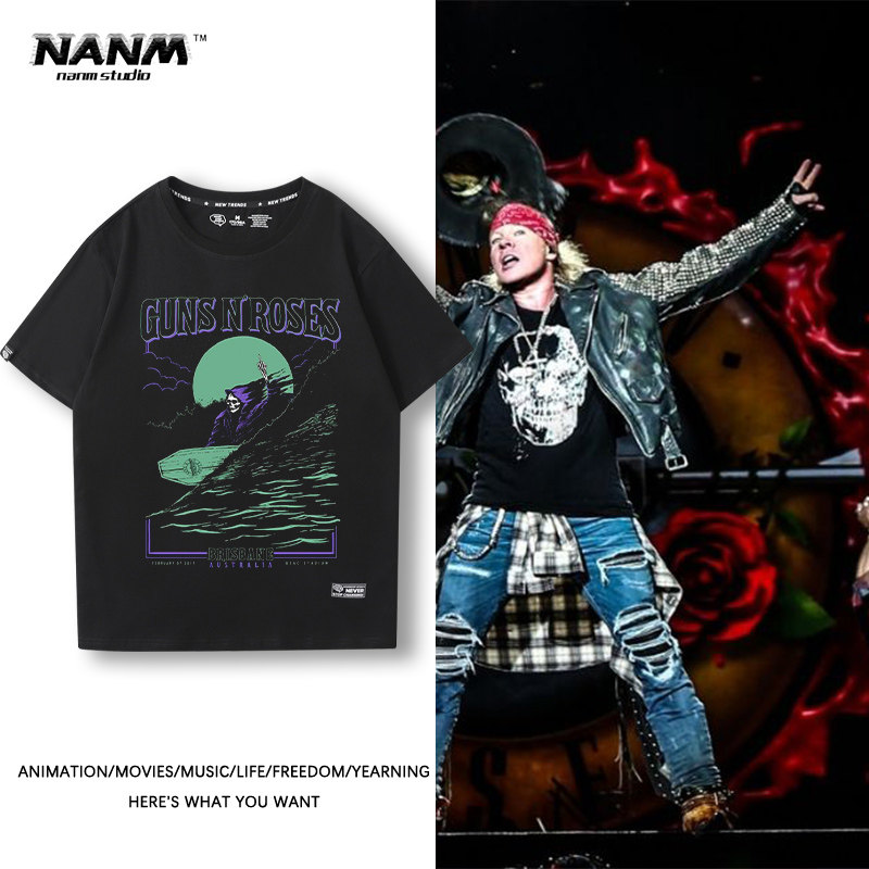 gunsnroses枪炮与玫瑰枪花乐队短袖t恤男vintage复古fog棉半袖