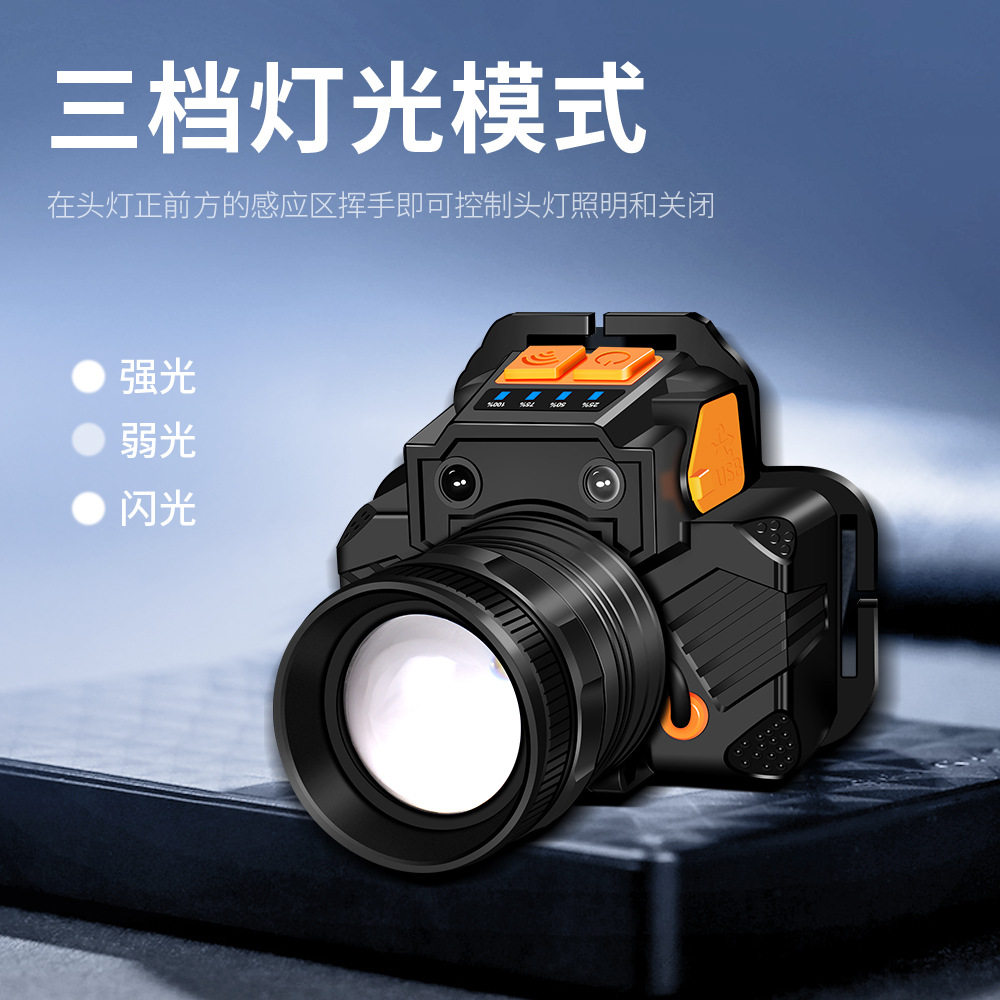 爆款旋转变焦T6强光LED感应头灯 户外夜钓多功能USB充电头灯
