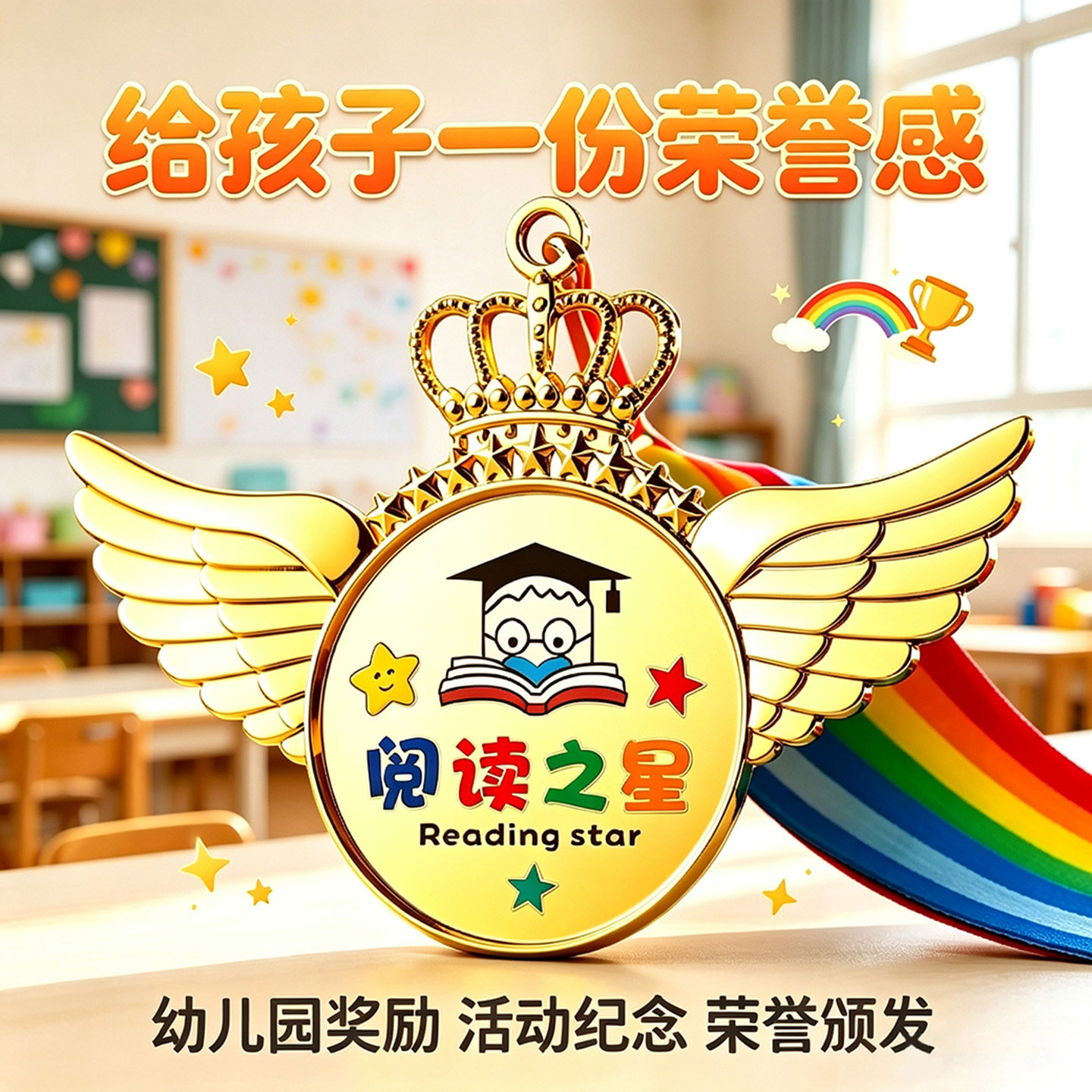 阅读之星幼儿园运动会奖牌定制金属翅膀皇冠儿童荣誉颁奖纪念品
