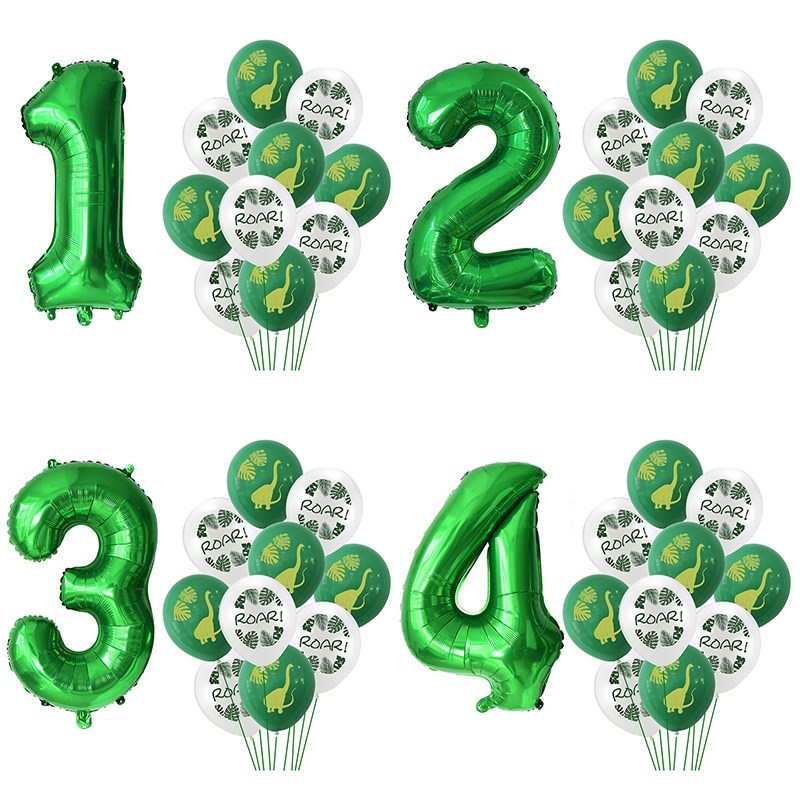 11Pcs Green Foil Number Balloons Dinosaur Latex Balloon