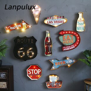 Vintage LED Wall Lamp Iron Art Route66 Cola Ice Cream Night