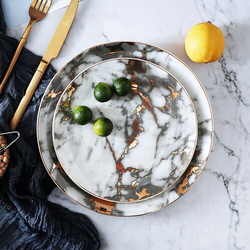 1PCS Tableware Marble Plates Ceramic Dinner Set Gold Inlay