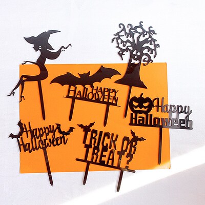 Black Acrylic Cake Topper Happy Halloween Pumpkin Bat Witch