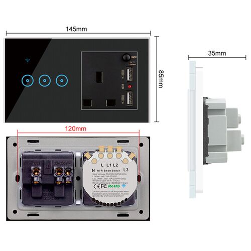 WiFi Smart Switch UK Standard Plug Socket USB Charger Touch