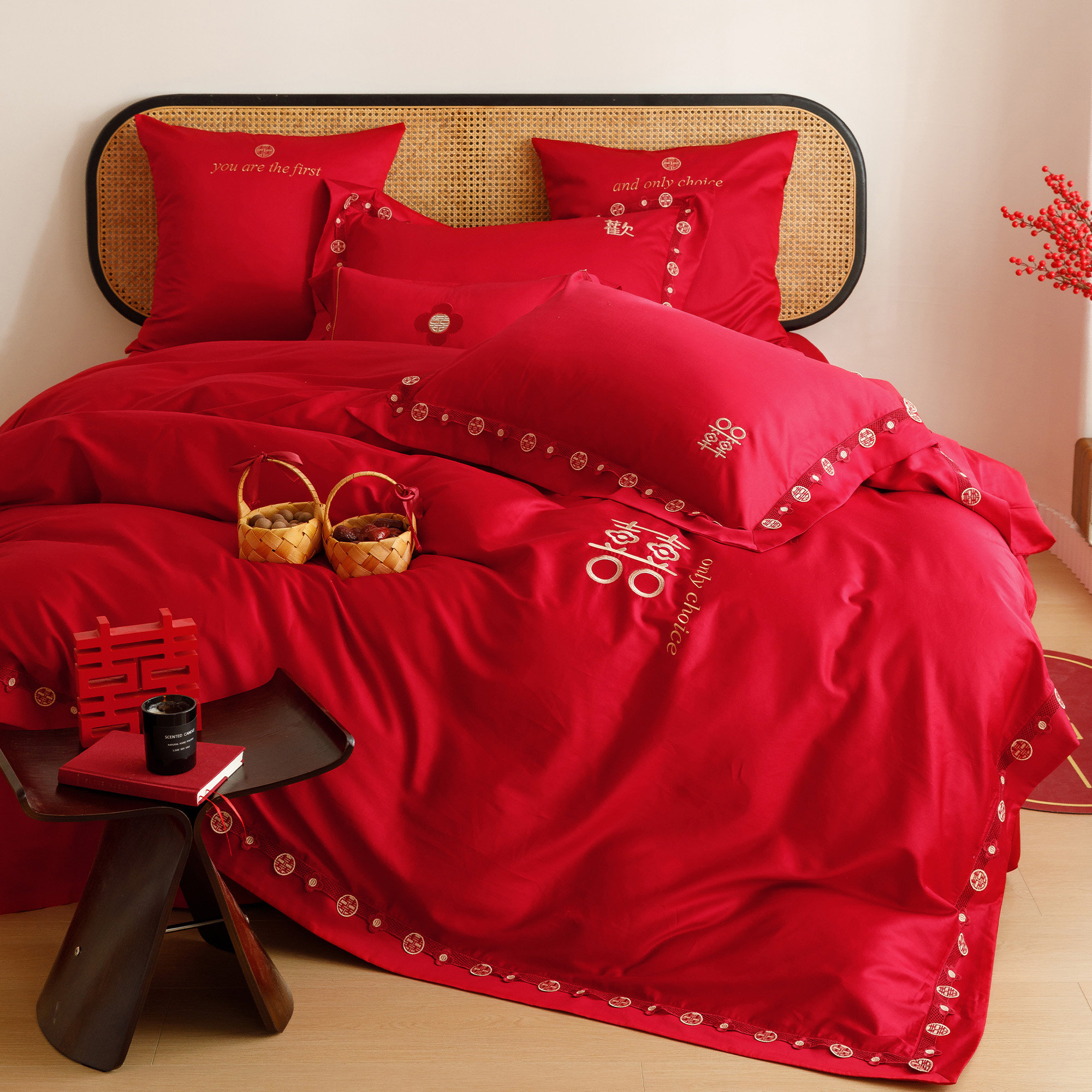 简约新中式婚庆红色四件套全棉100S纯棉刺绣花边结婚被套床单床笠