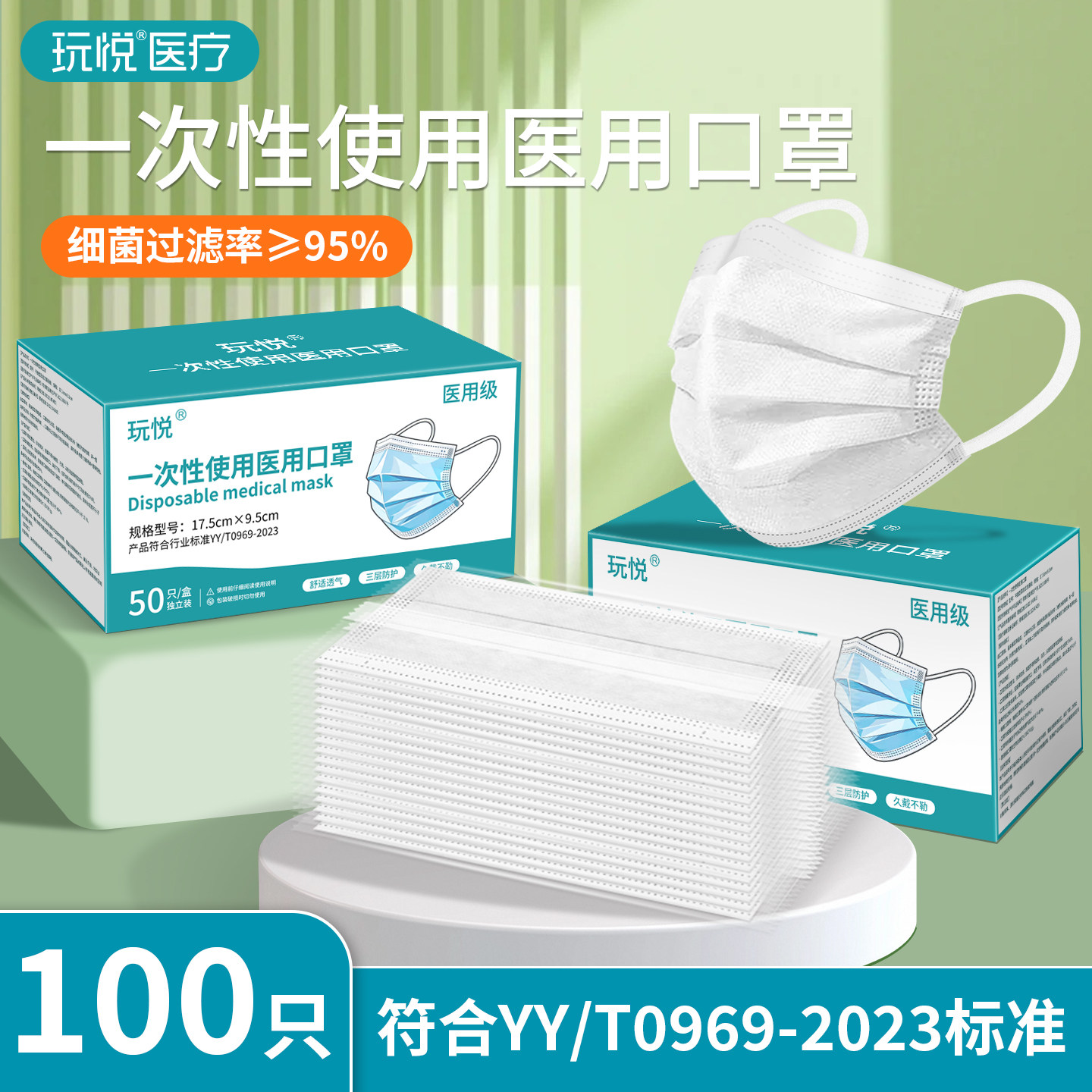 玩悦成人医用口罩独立装三层防护