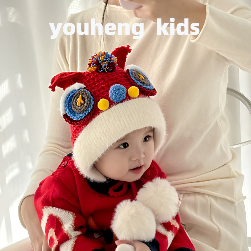 婴儿帽子冬季宝宝可爱虎头护耳帽新年喜庆红色保暖加厚针织套头帽