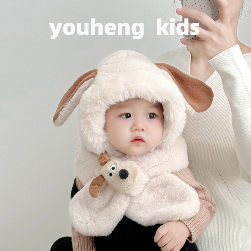 宝宝帽子冬季儿童围巾一体帽婴儿加厚保暖秋冬款男女童围脖毛绒帽