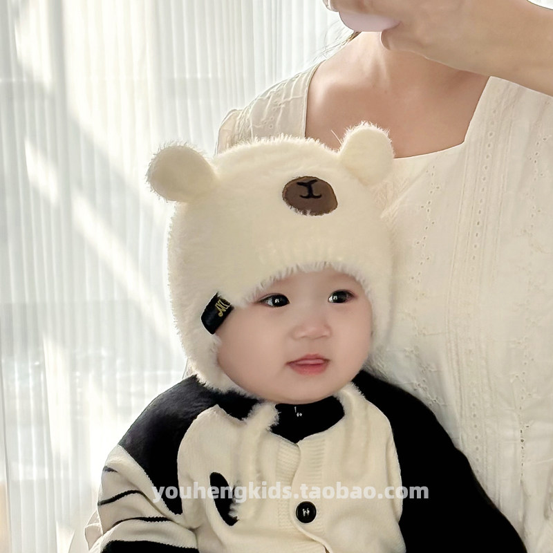 婴幼儿帽子秋冬季保暖防风针织毛绒帽可爱超萌出游加厚宝宝护耳帽