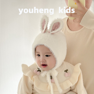 婴儿帽子秋冬款毛绒帽婴幼儿系绳护耳包头帽女宝宝可爱超萌套头帽