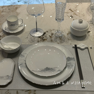 尼雅家居餐具新中式山水画骨瓷餐具摆台会所商务宴请酒店餐厅包厢