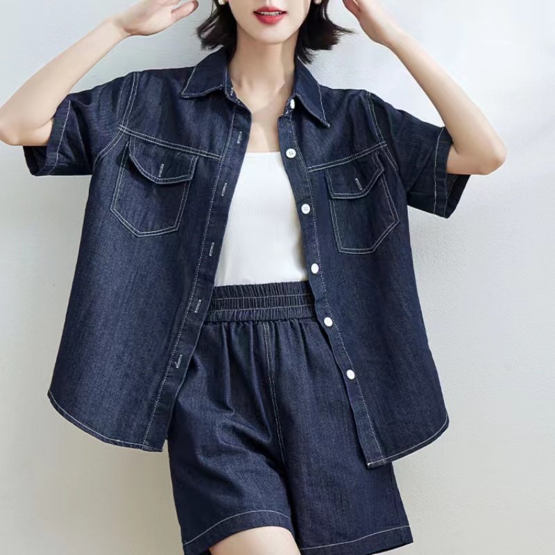 日系复古牛仔衬衫外套套装女夏季新款宽松高腰阔腿裤短裤两件套