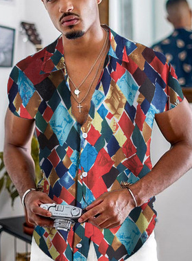 2021 Summer Lapel Short Sleeve Plaid Printed Men's Shirt