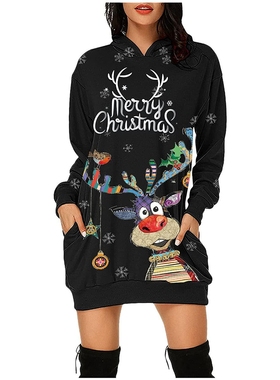 跨境欧美女装长袖卫衣连衣裙2021秋季新款亚马逊圣诞印花连帽裙子