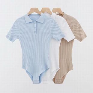 欧美风修身显瘦polo领短袖针织连体衣女夏季单排扣紧身T恤打底衫