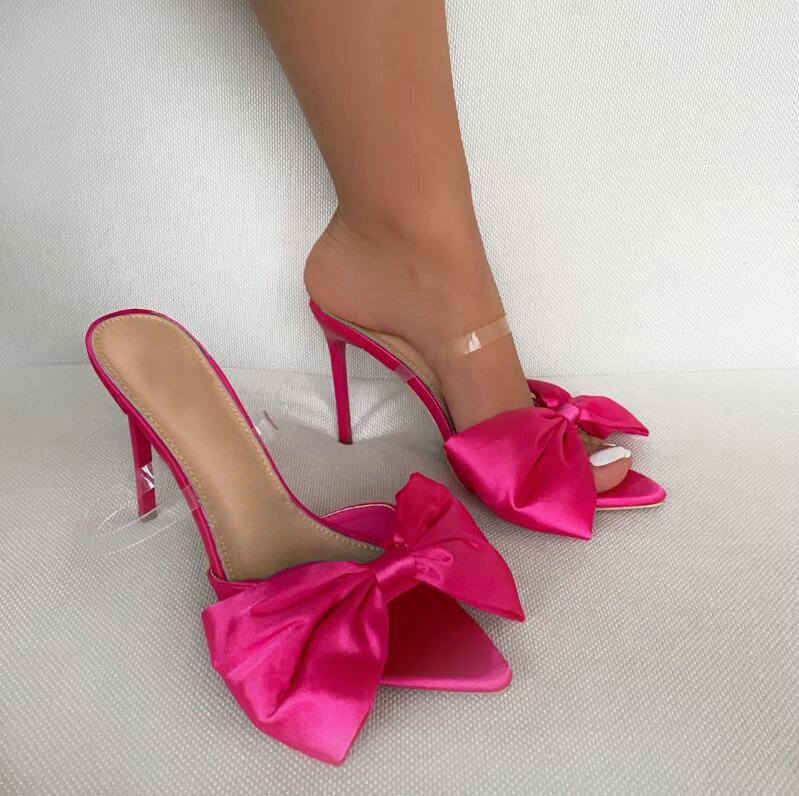 heels 高跟鞋女欧美外贸尖头细跟鞋大蝴蝶结细跟凉拖鞋女气质凉鞋