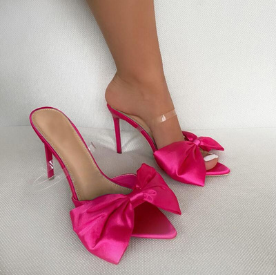 heels 高跟鞋女欧美外贸尖头细跟鞋大蝴蝶结细跟凉拖鞋女气质凉鞋