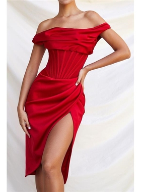 Red fishbone dress红色单斜肩晚会派对性感鱼骨礼服不规则连衣裙