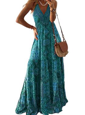 V-neck strappy boho print dress夏季V领吊带波西米亚印花连衣裙