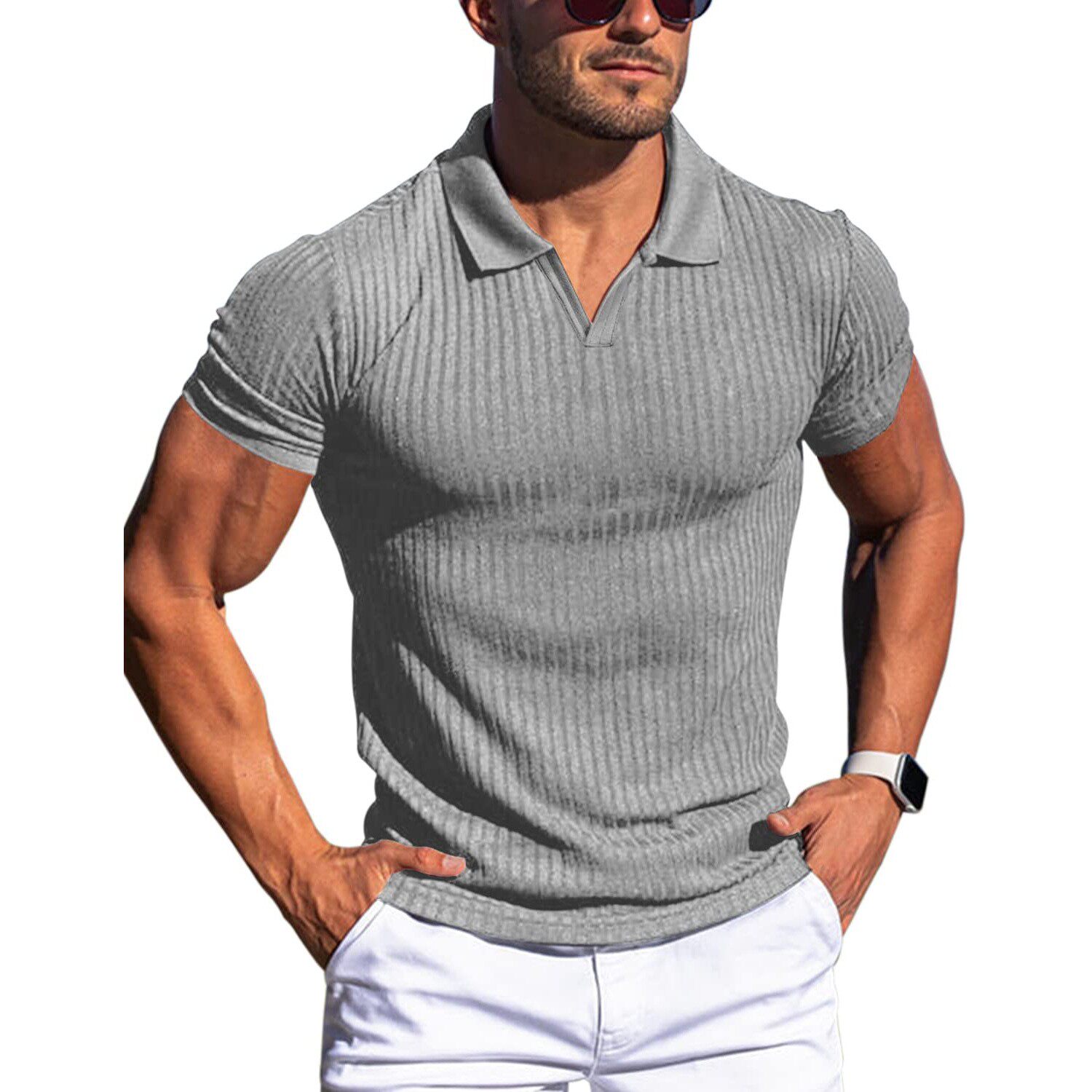 Summer POLO shirt Polo V-neck vertical stripe men's T-shirt