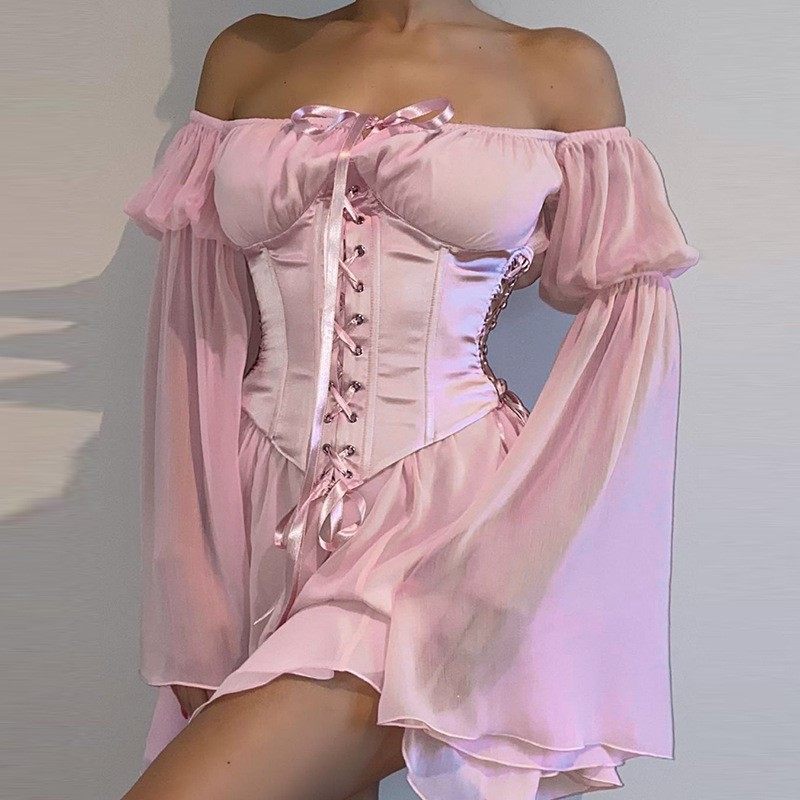 Chiffon one-shoulder irregular dress雪纺一字肩连衣裙女束腰封