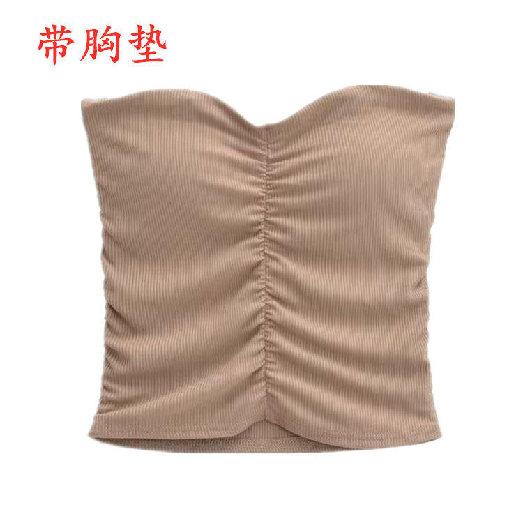 夏季纯色胸前褶皱抹胸女紧身显瘦无袖裹胸桃心领上衣带胸垫打底衫