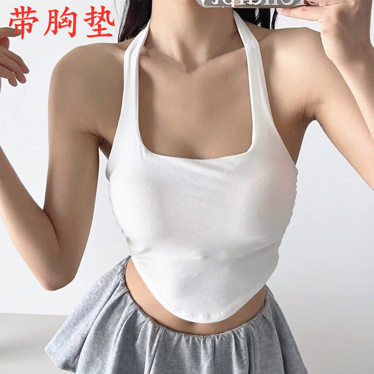 夏季纯色带胸垫挂脖背心女短款高腰露脐上衣无袖性感露背打底衫潮
