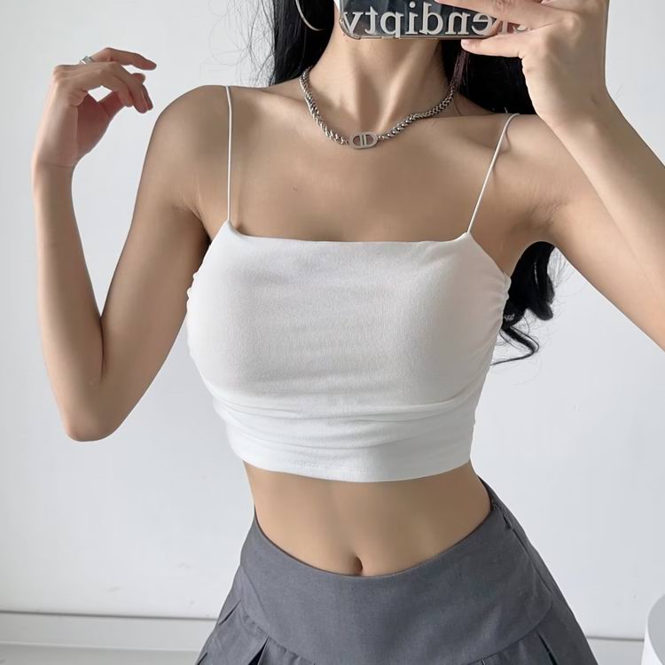 夏季新款纯色平口皮筋吊带背心女短款高腰露脐上衣带胸垫打底衫潮