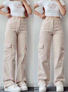 Straight Leg Cargo Pants Women HighWaist Baggy Trousers Lady