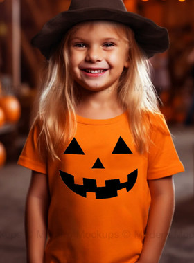 Kids halloween t shirt纯棉南瓜笑脸T恤橙色南瓜衫万圣节表演服