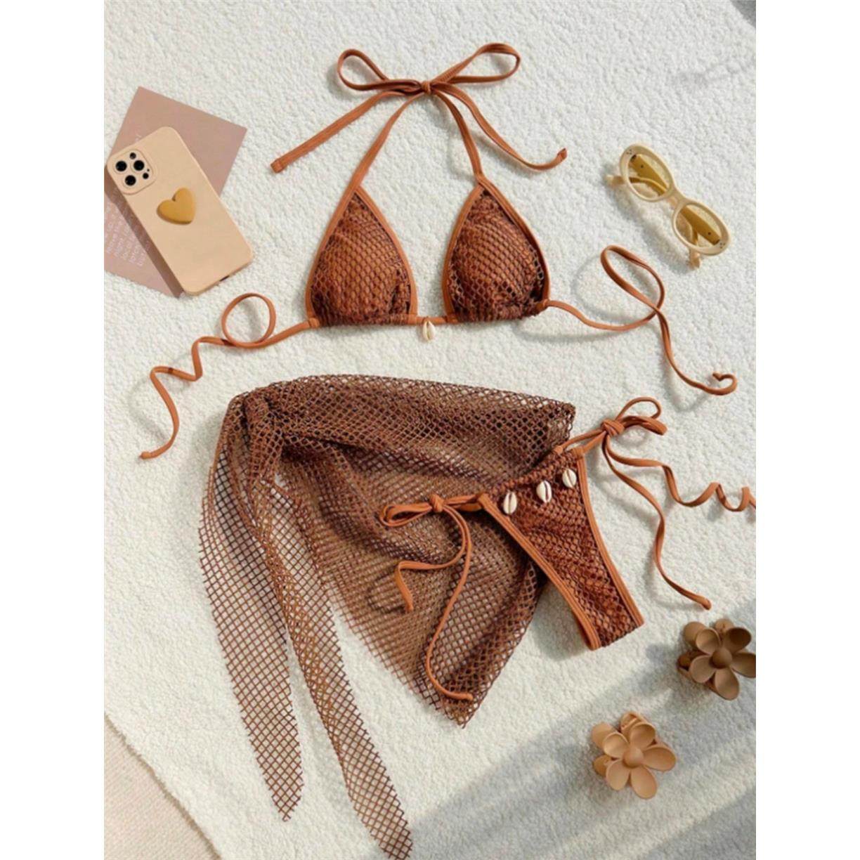 纱裙三件套比基尼沙滩纯欲泳装系带挂脖三点式分体泳衣温泉bikini