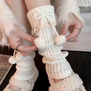 可爱毛球针织堆堆袜套女秋冬日系甜美Lolita风格 蕾丝花边中筒腿套