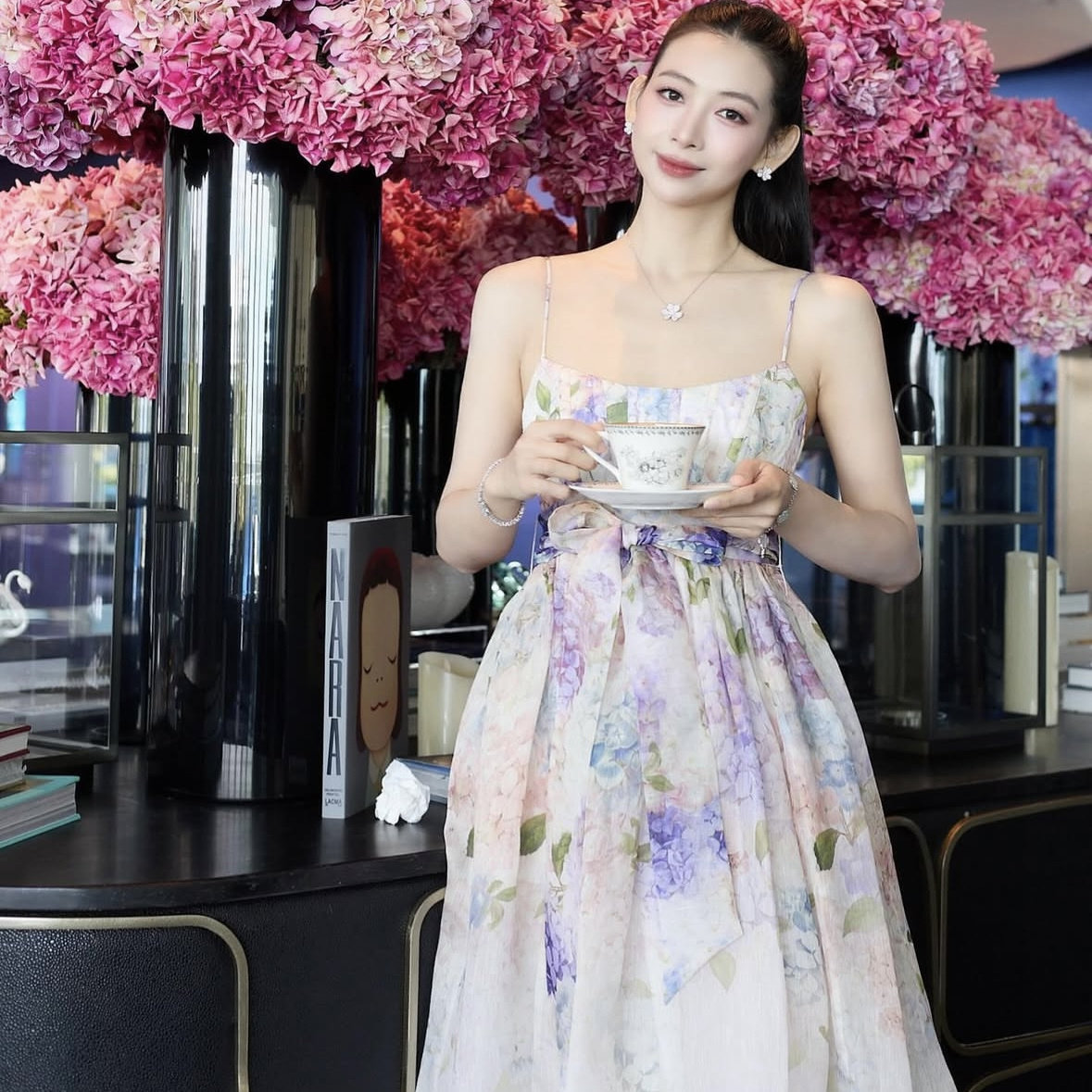Miss C定制 Zim澳洲小众绣球印花吊带连衣裙女收腰显瘦度假风长裙