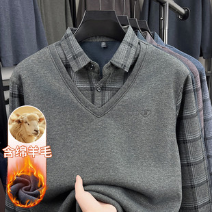 中年男士假两件毛衣冬季2025新款加绒加厚休闲商务衬衫领上衣男款