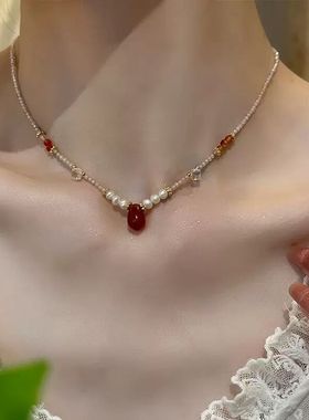 轻奢百搭红色玛瑙淡水珍珠项链女