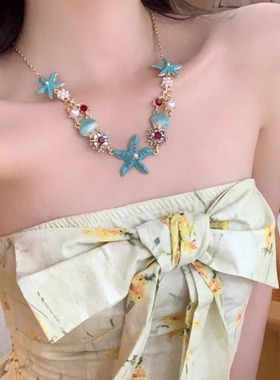 夏日度假风闪锆珍珠海星贝壳项链