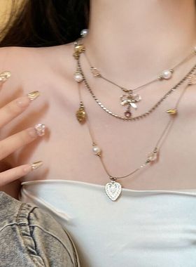 中古百搭三层蝴蝶结珍珠爱心项链