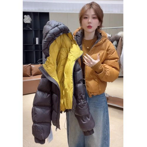 拼色连帽羽绒服女冬加厚短款宽松