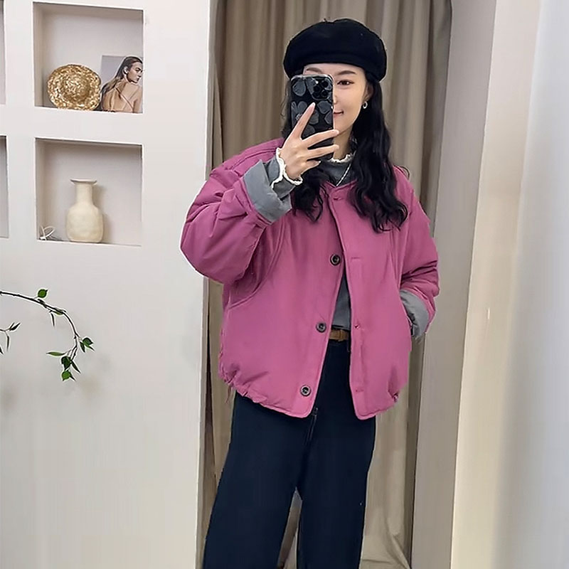 百搭单排扣拼色夹棉棉服外套女