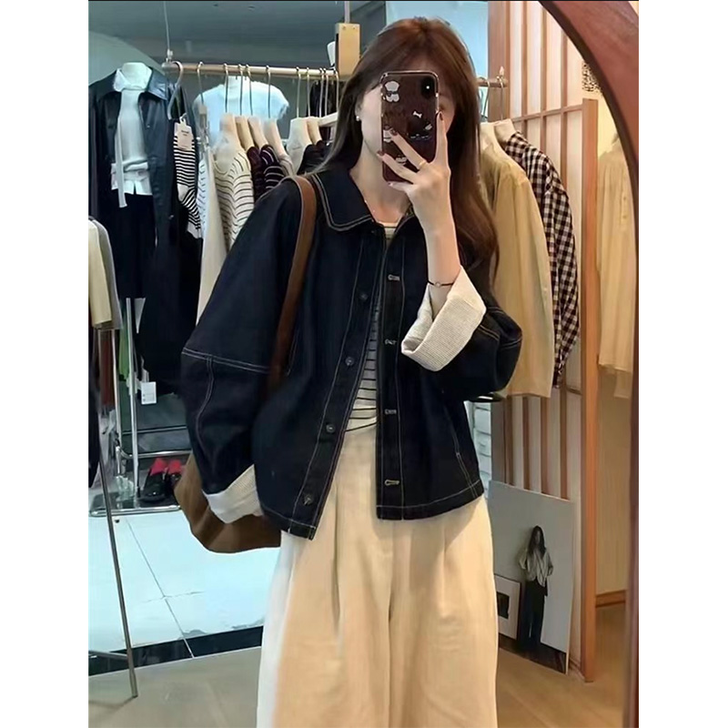 韩版短款条纹袖口撞色牛仔外套女