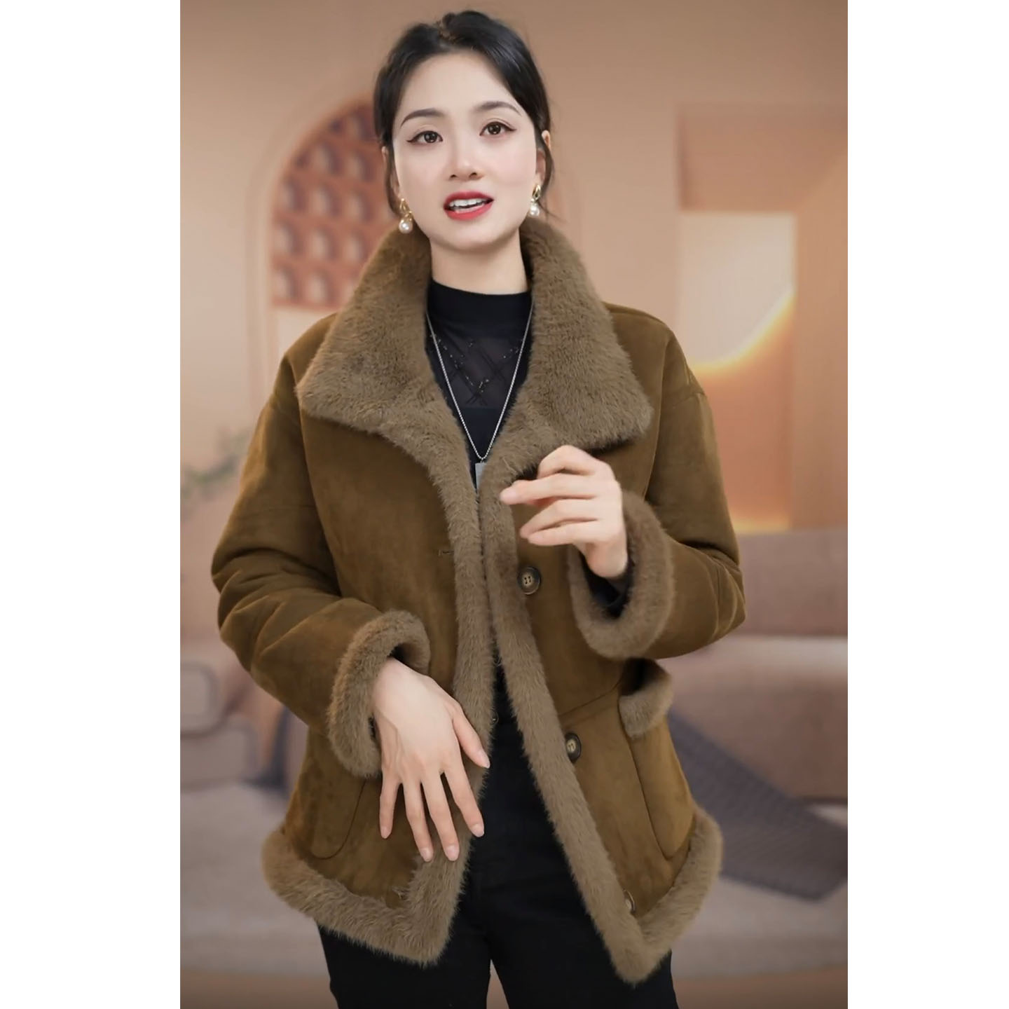 加厚皮毛一体翻领上衣减龄显瘦