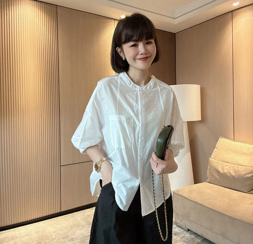 百搭潮流五分袖不规则衬衫女