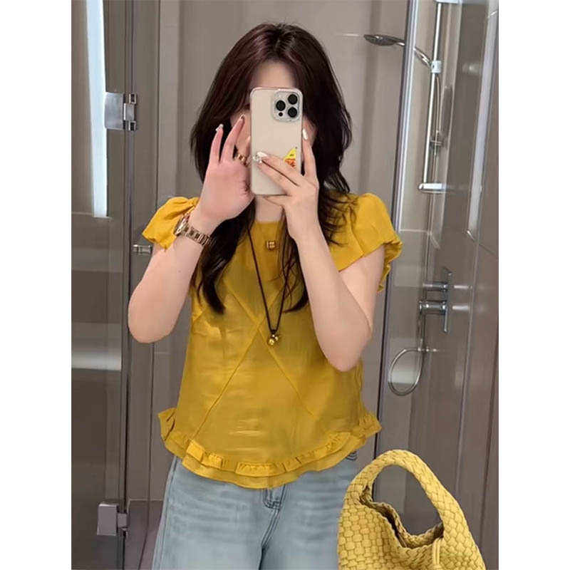 韩系甜美飞飞袖荷叶边衬衫女显瘦